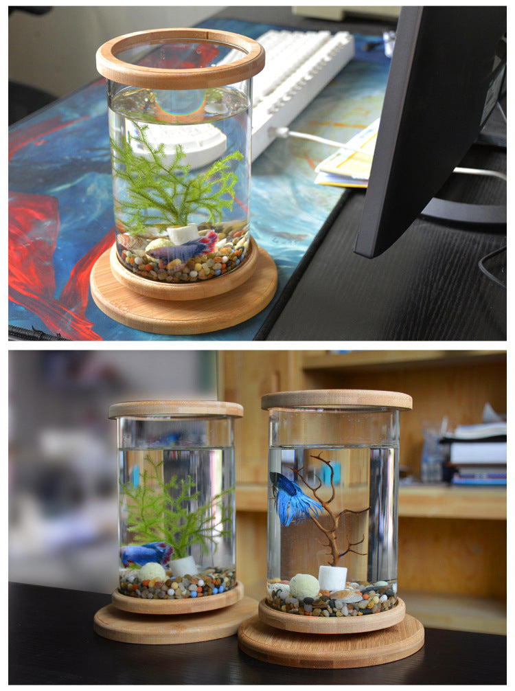 Pet Mini Glass Aquarium Bamboo Base Fish Bowl