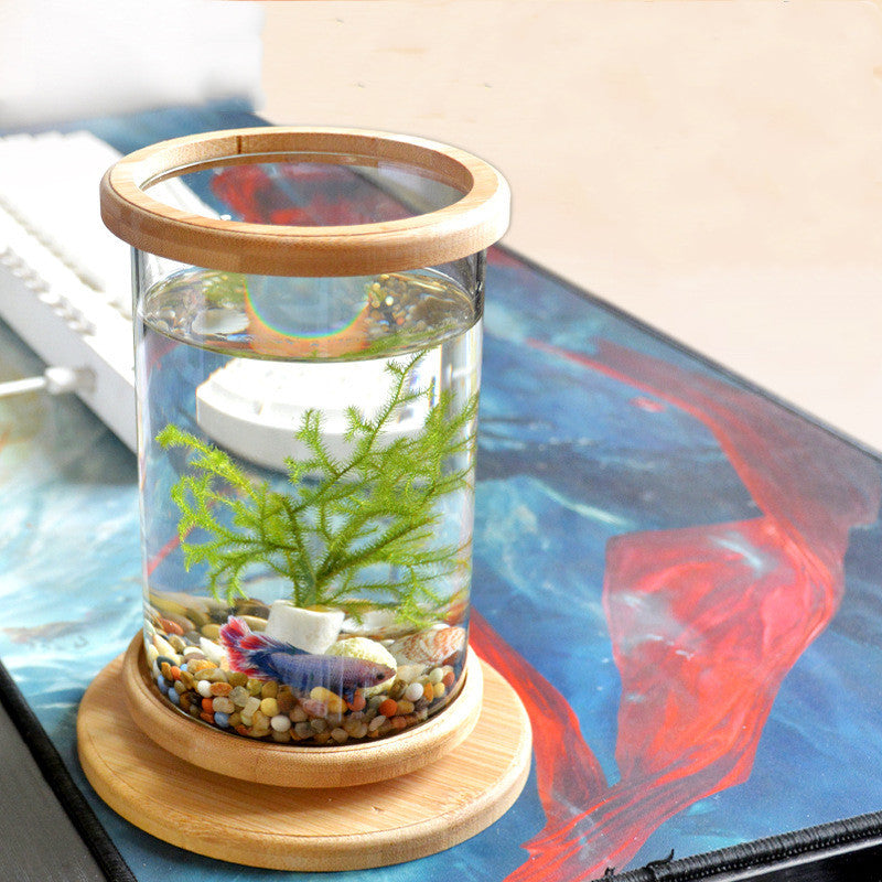 Pet Mini Glass Aquarium Bamboo Base Fish Bowl