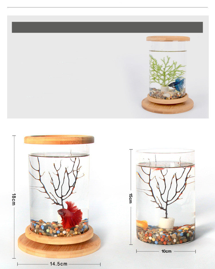 Pet Mini Glass Aquarium Bamboo Base Fish Bowl