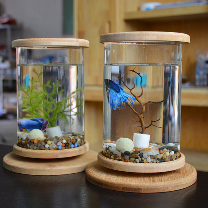 Pet Mini Glass Aquarium Bamboo Base Fish Bowl