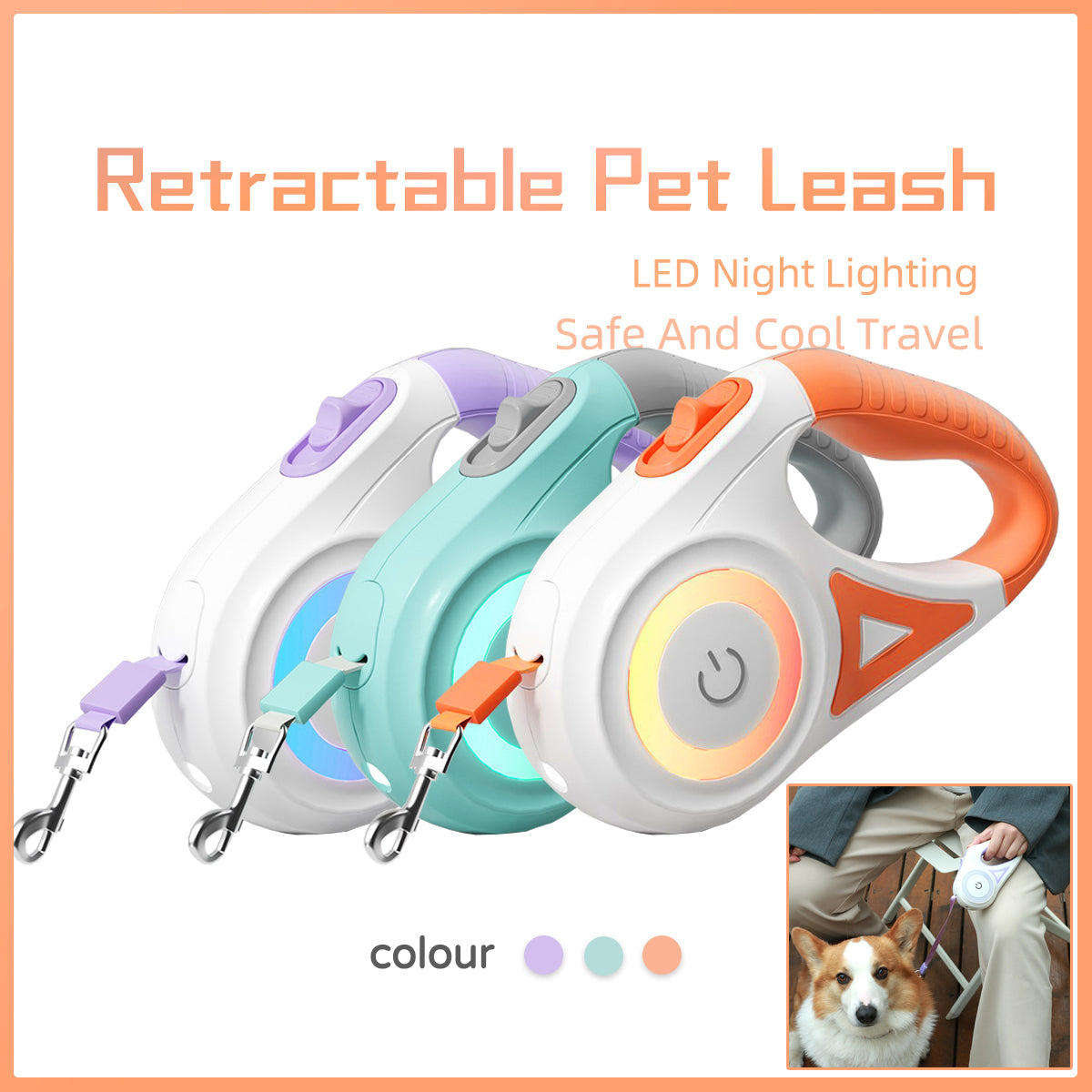 Retractable Pet Leash With Collar And LED Spotlight