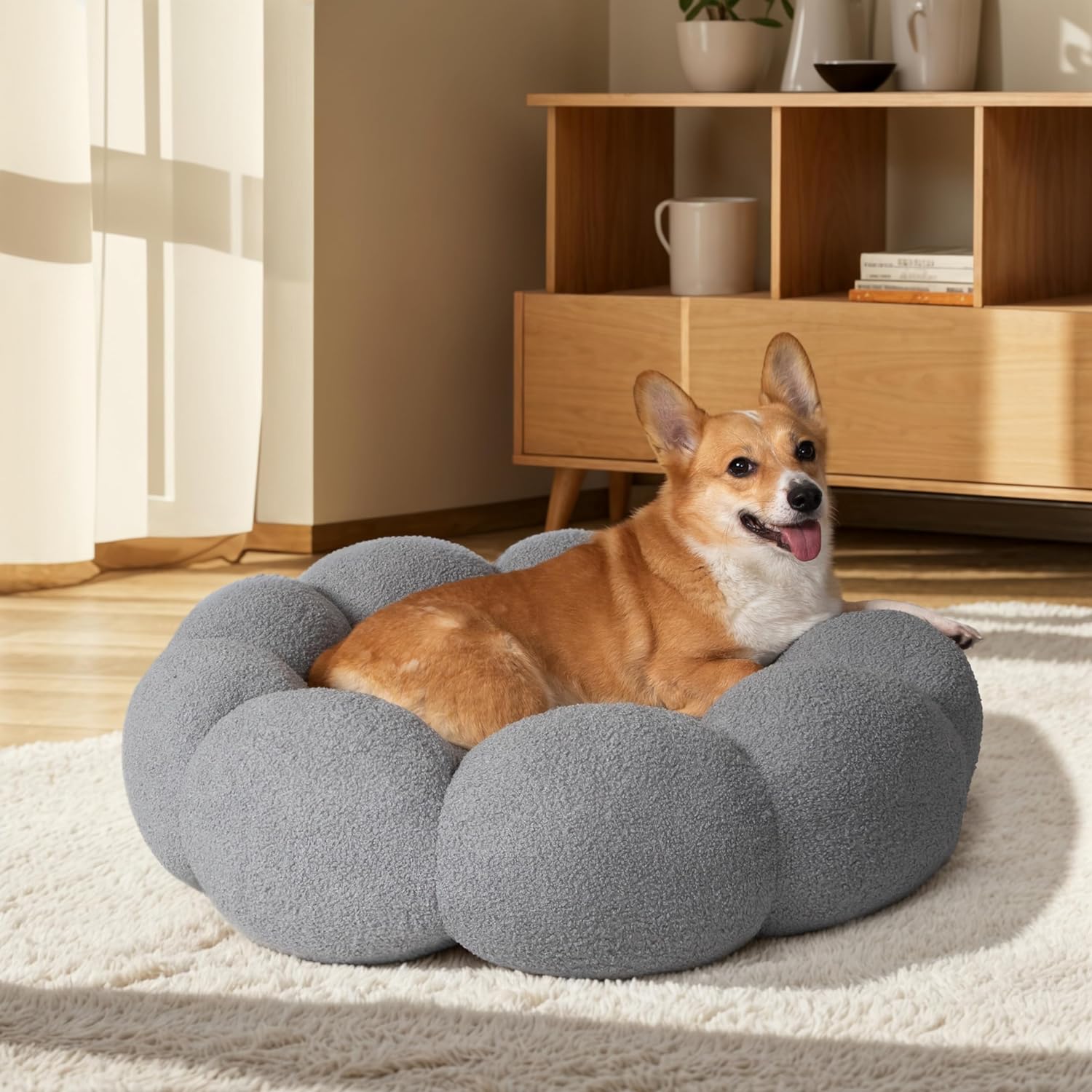 Calming Fluffy Flower Round Pet Bed Non-Slip