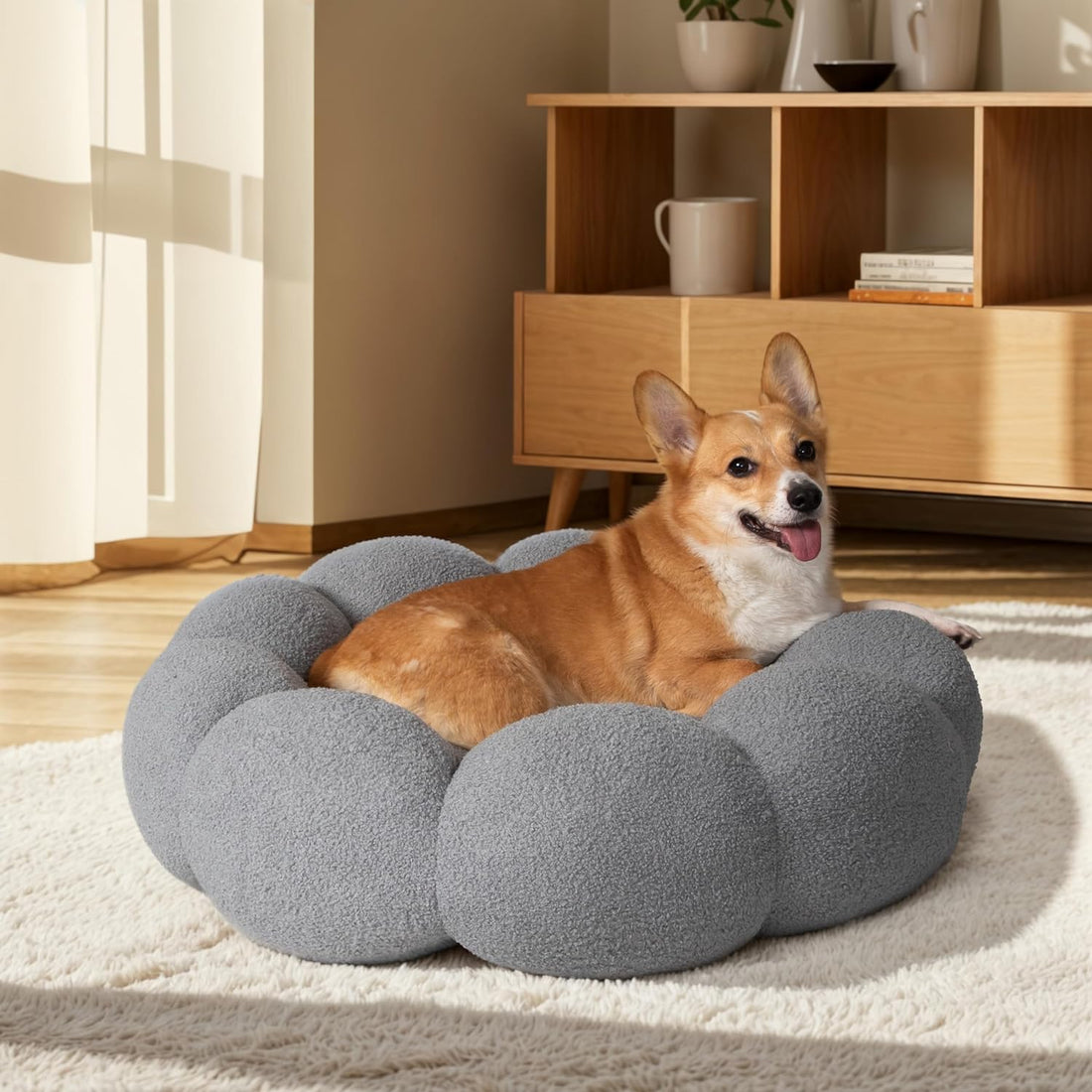 Calming Fluffy Flower Round Pet Bed Non-Slip