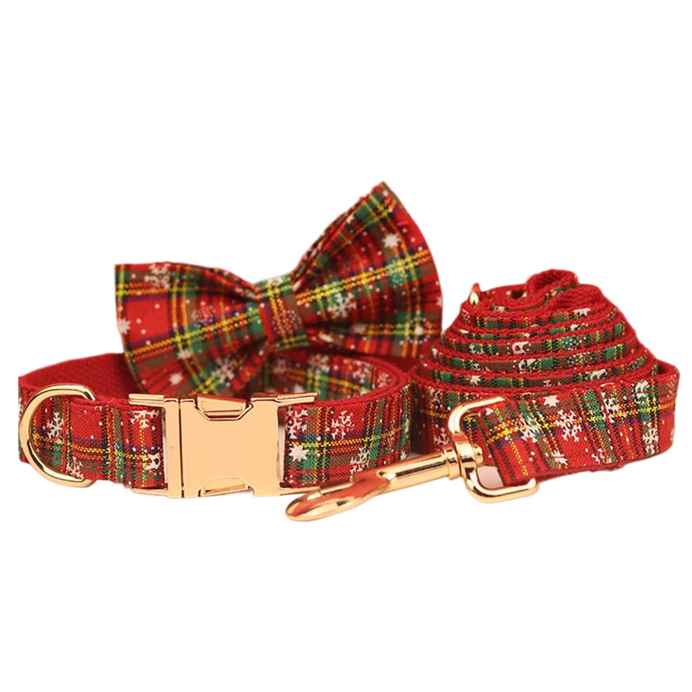 Christmas Pet Collar Leash With Bowknot And Plaid Design