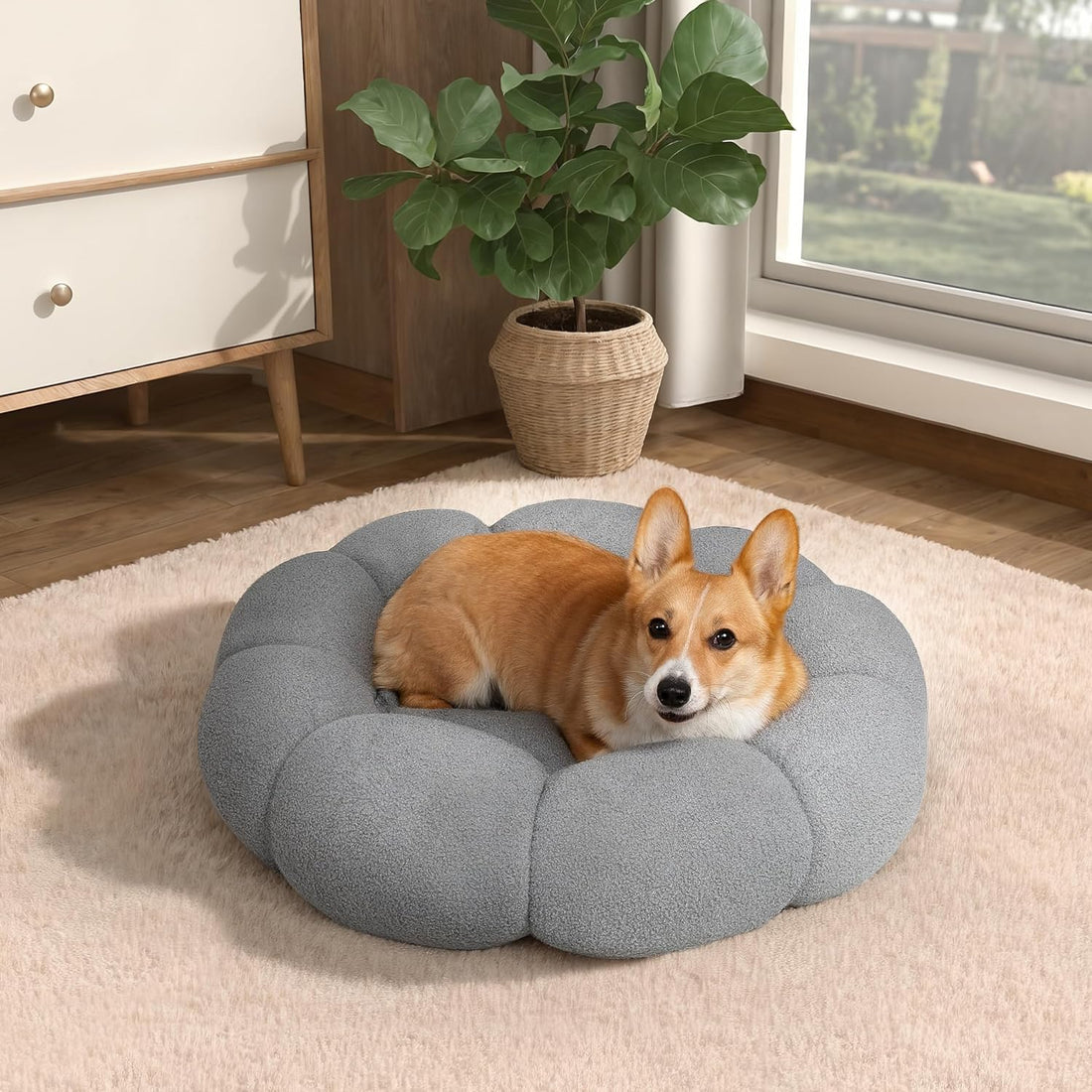 Calming Fluffy Flower Round Pet Bed Non-Slip