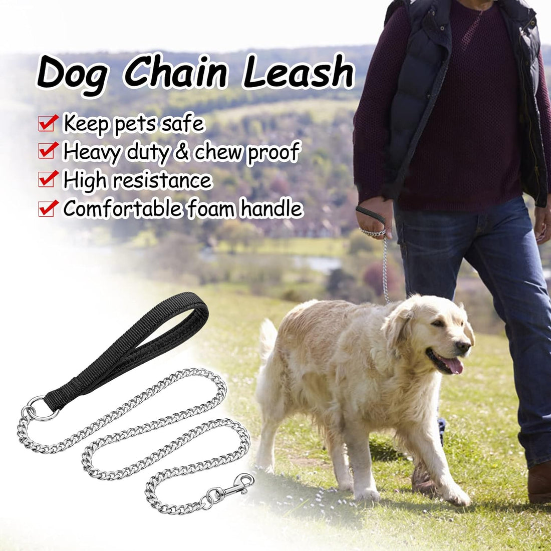 Heavy Duty Metal Pet Leash Chew-Proof Padded Handle