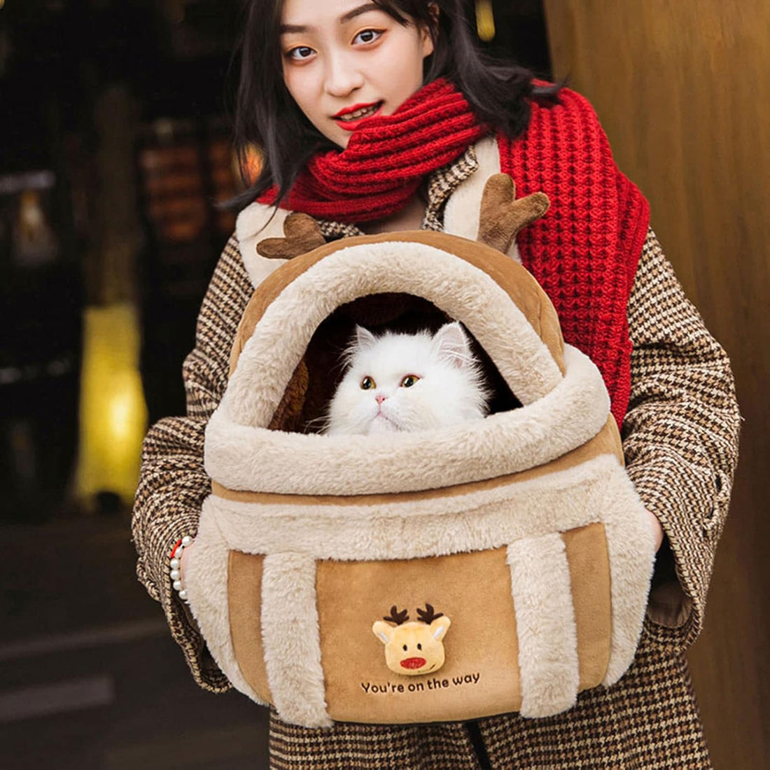 Plush Winter Pet Travel Carrier Backpack With Hand Warmers