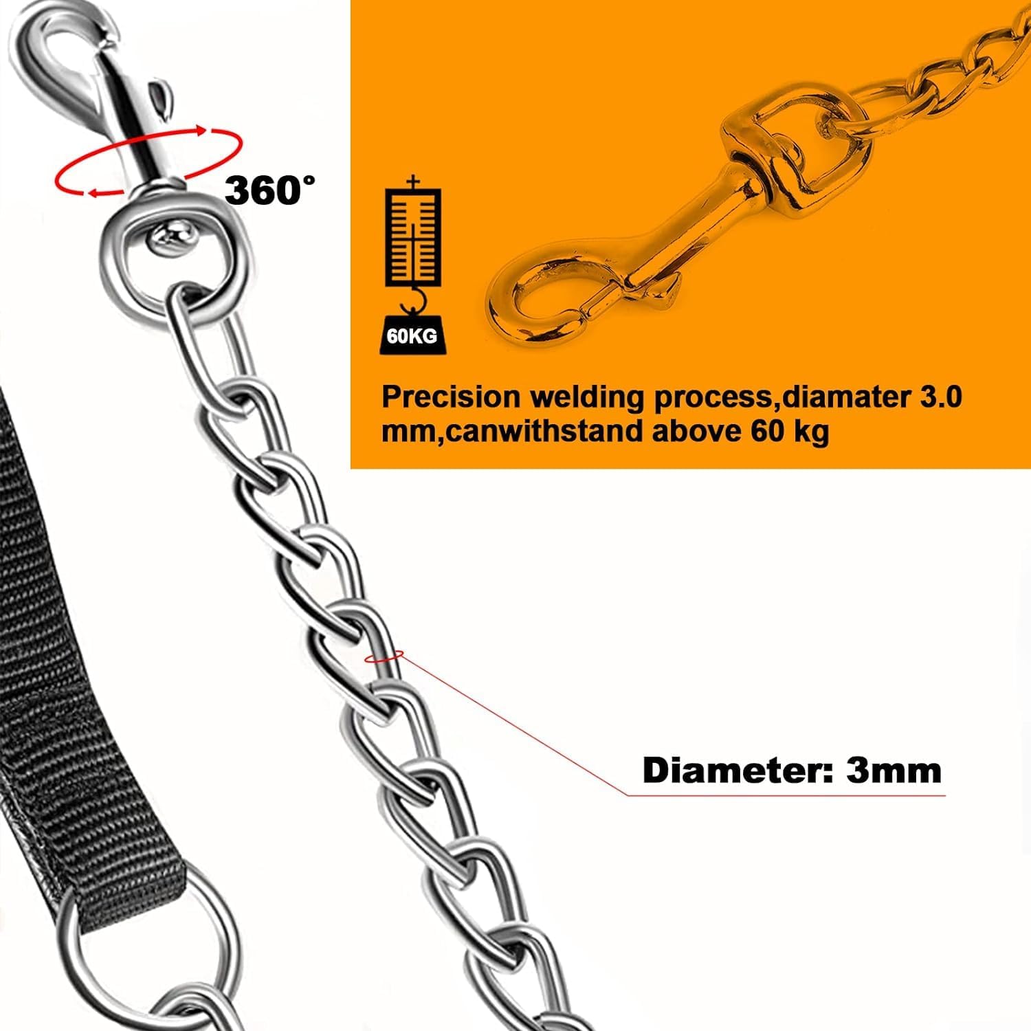 Heavy Duty Metal Pet Leash Chew-Proof Padded Handle