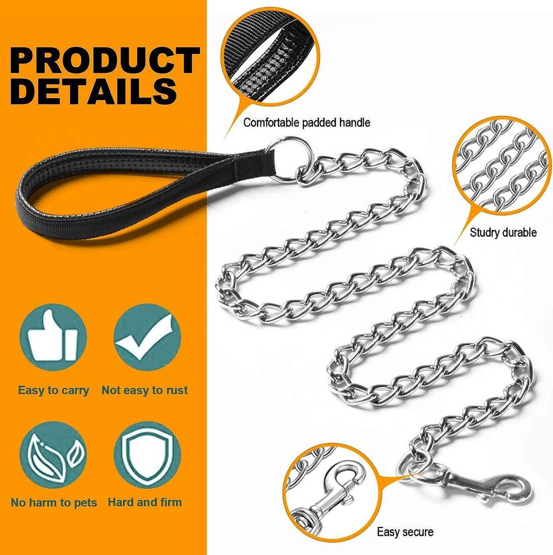 Heavy Duty Metal Pet Leash Chew-Proof Padded Handle