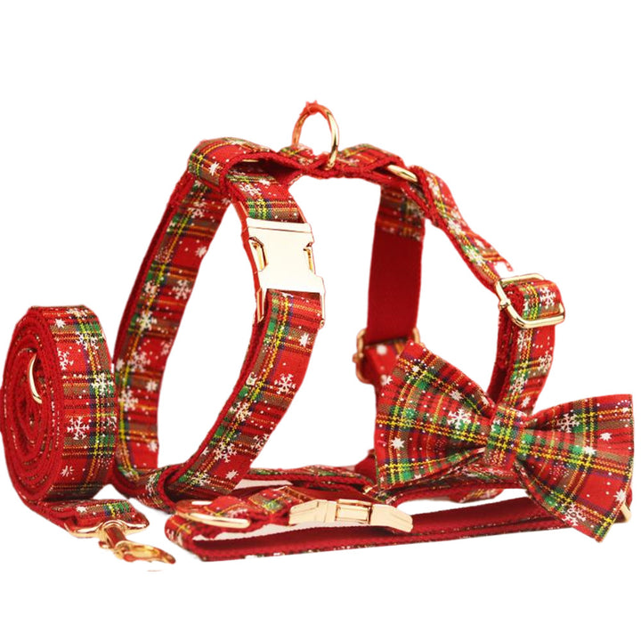 Christmas Pet Collar Leash With Bowknot And Plaid Design